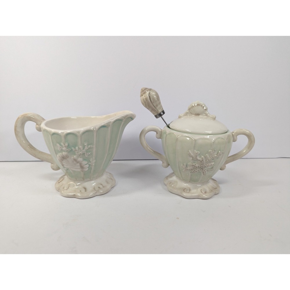 Vintage‎ Ivory Glazed Ceramic Seashell Creamer and Sugar Set